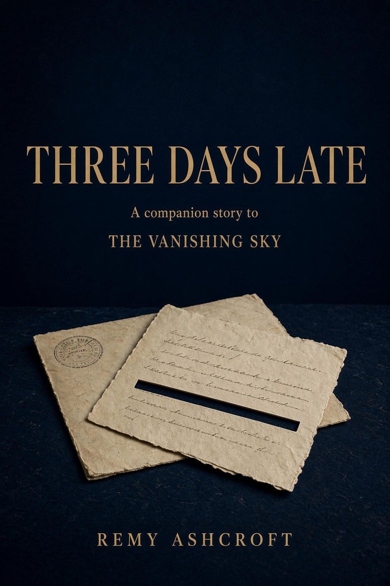 Cover of Three Days Late, a companion story to The Vanishing Sky by Remy Ashcroft: a letter with a clean rectangular cut lying on an envelope, on a navy background